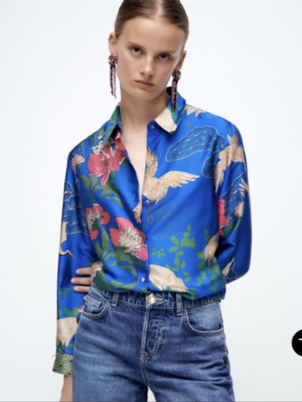 Zara Flowy Printed Shirt Blouse Jewel Birds Floral Button Down, Small